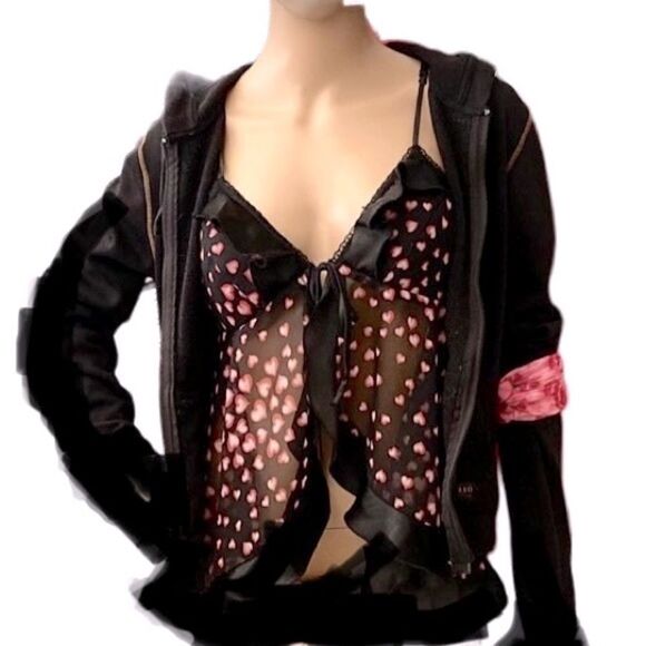 Black Lingerie W Pink Hearts OS Silky Sash Tie Ruffles Open Front Coquette - Picture 10 of 10